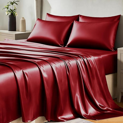 CozyLux Satin Sheets Queen Size Bed Set - 6 Piece Silky Queen Sheet Set, Luxury Burgundy Queen Sheets with Smooth and Soft Microfiber, Includes 1 Fitted Sheet, 1 Flat Sheet and 4 Pillowcases