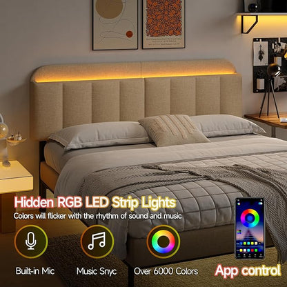 Adjustable Headboard for King/California King Size Bed Frame, Linen Fabric Bed Headboard with Storage & RGB LED Light in Modern Vertical Channel Design, Beige