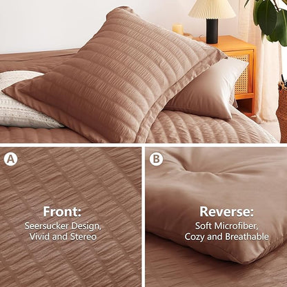 CozyLux King Size Comforter Set Mocha Mousse Seersucker 7 Pieces Bed in a Bag King Comforter Set with Sheets, Luxury Soft Bedding Sets with Down Alternative Comforter, Sheets, Pillowcases & Shams