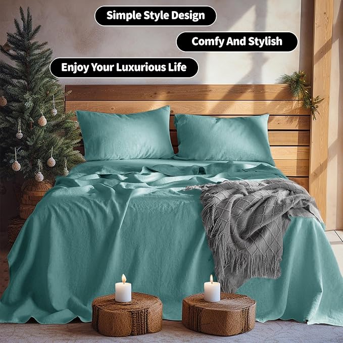 LBRO2M 100% Pure Linen Sheet Set Deep Pocket Up to 16" Bed Sheets Sets, Natural Flax Beddings Soft, Breathable, Comfortable for All Seasons 4 Pcs Sheet Set King Size, Aqua