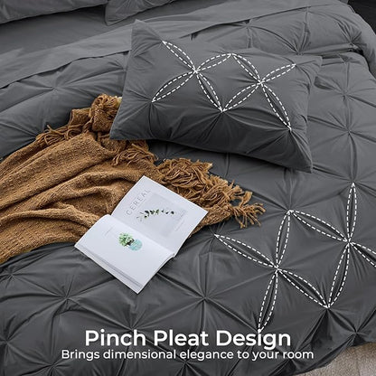 Sasttie Queen Comforter Set, 7-Piece Bed in a Bag, Pintuck Bedding Set for All Season, Includes Comforter, Flat Sheet, Fitted Sheet, Pillowcases and Pillowshams, Dark Grey