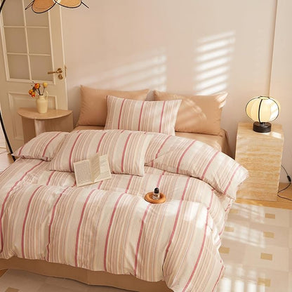 HighBuy Queen Comforter Set Blush Brown Striped Bedding Set 3 Piece,Vintage Stripes Pattern Printed Comforter Fluffy with 2 Pillowcases,Breathable Soft All Season Boho Chic Comforter Sets