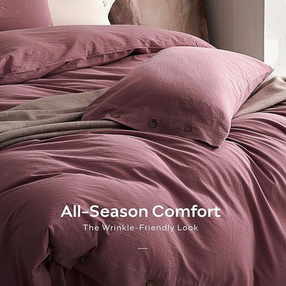 JELLYMONI 100% Washed Cotton Duvet Cover Twin – Soft, Breathable Linen-Look Bedding with Natural Wrinkle Texture, Button Closure, 2-Piece Set (Deep Rose, 68"x90")