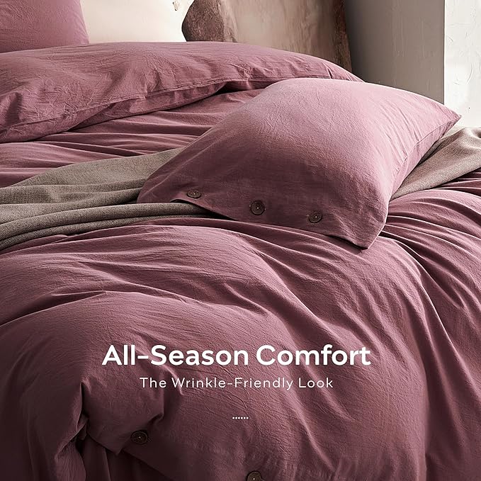 JELLYMONI 100% Washed Cotton Duvet Cover King – Soft, Breathable Linen-Look Bedding with Natural Wrinkle Texture, Button Closure, 3-Piece Set (Deep Rose, 104"x90")