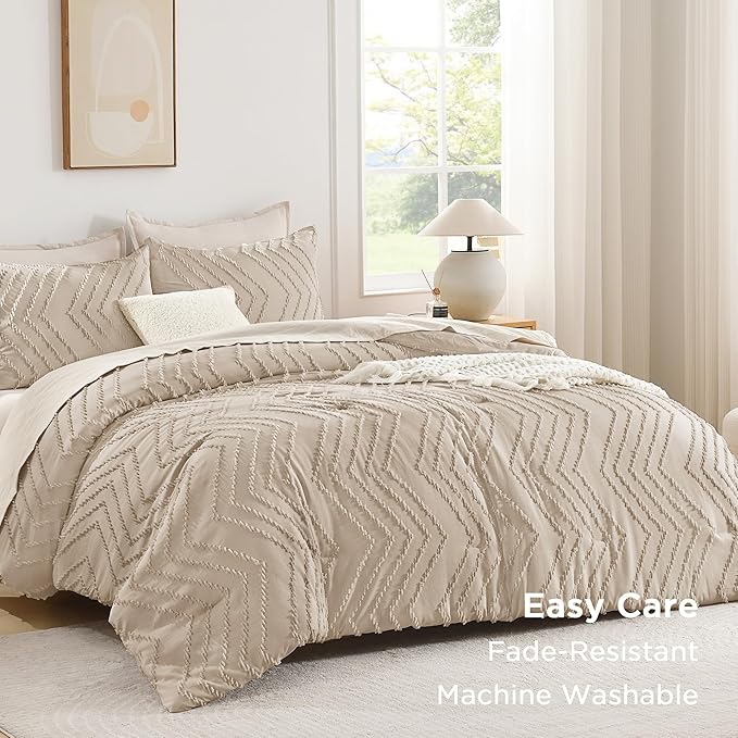 Andency Khaki Oversized King Comforter Set 120x98, Boho Oversize King Soft Warm Tufted Bedding Comforter Sets, 3 Pieces Aesthetic Chevron Farmhouse Cute Bohemian Textured Bedding Set