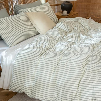King Size Comforter Set Striped Soft Luxury Washed Microfiber Jacquard 3 Pieces Bedding, Grayish Green Vertical Ticking Stripes Pattern Comforter with 2 Pillowcases Breathable Durable Comfy