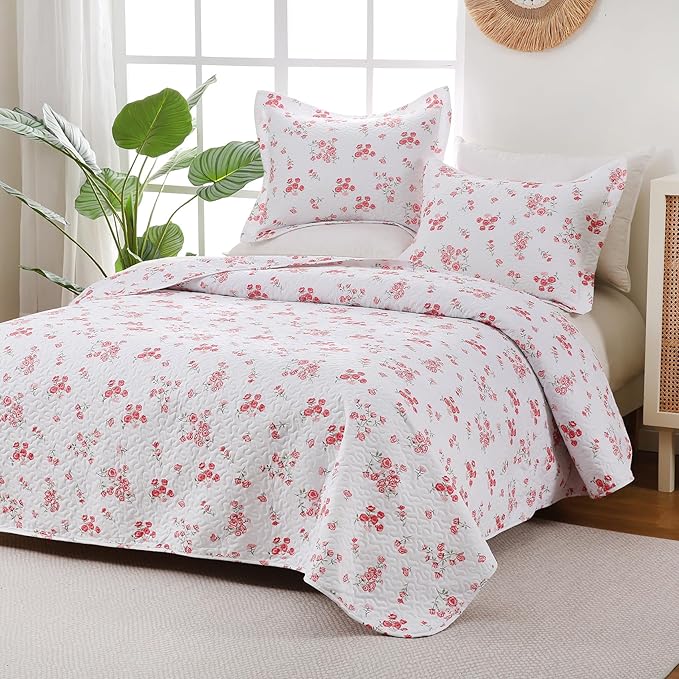 Pink Floral Quilt Set Queen Size - Reversible Shabby Chic Bed Quilts Lightweight Girly Bedding Bedspreads Quilted Coverlets with 2 Pillow Shams for All Seasons (90"×90")
