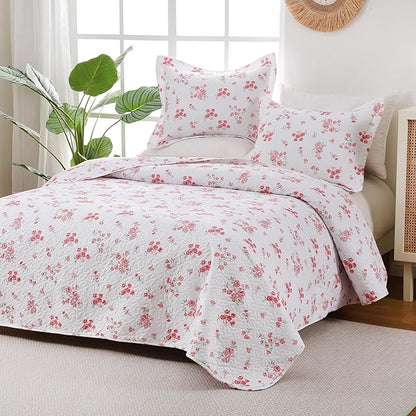 Pink Floral Quilt Set Queen Size - Reversible Shabby Chic Bed Quilts Lightweight Girly Bedding Bedspreads Quilted Coverlets with 2 Pillow Shams for All Seasons (90"×90")
