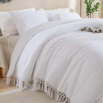 Andency White Comforter Set Queen, 3 Pieces Boho Tassel Lightweight Soft Bedding Comforter Sets, All Season Fluffy Fringe Bed Set (90x90In Comforter & 2 Pillowcases)