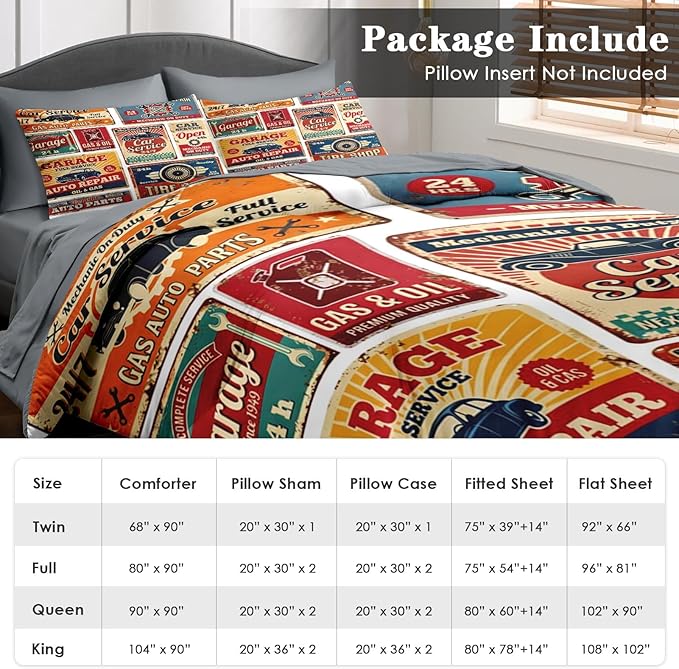 Comforter Set Queen Size, Vintage Car Auto 7 Pcs Bedding for Kids and Adults, Retro Vehicle Automotive Bed Sheet Sets with Fitted Sheet 2 Pillowcases & 2 Shams for Bedroom Bed Decor