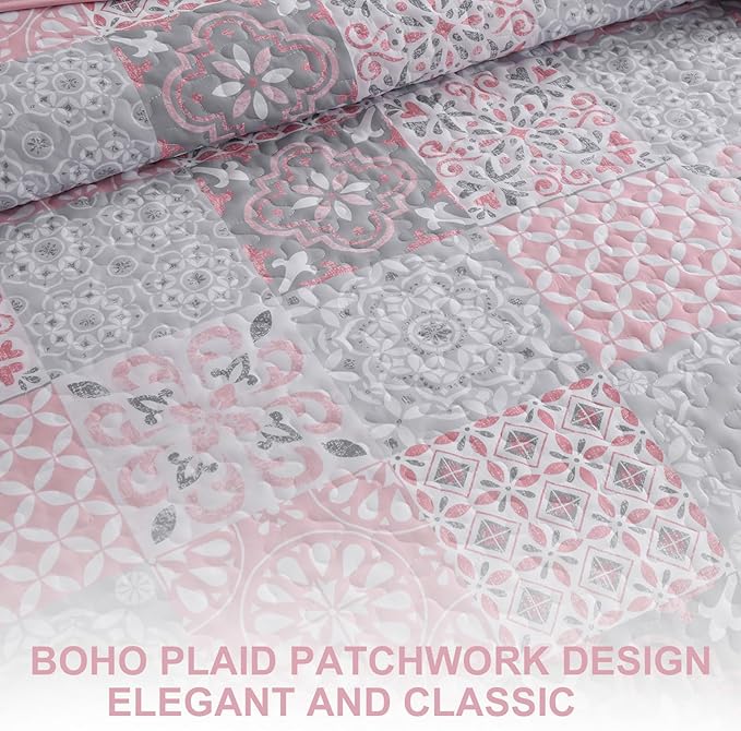 Dobuyly Pink Grey Quilt Set Queen Size, Boho Plaid Patchwork Bedspreads Coverlet Set, 3 Pieces Soft Lightweight Microfiber Summer Quilt Bedding Set for All Seasons 96"x90"