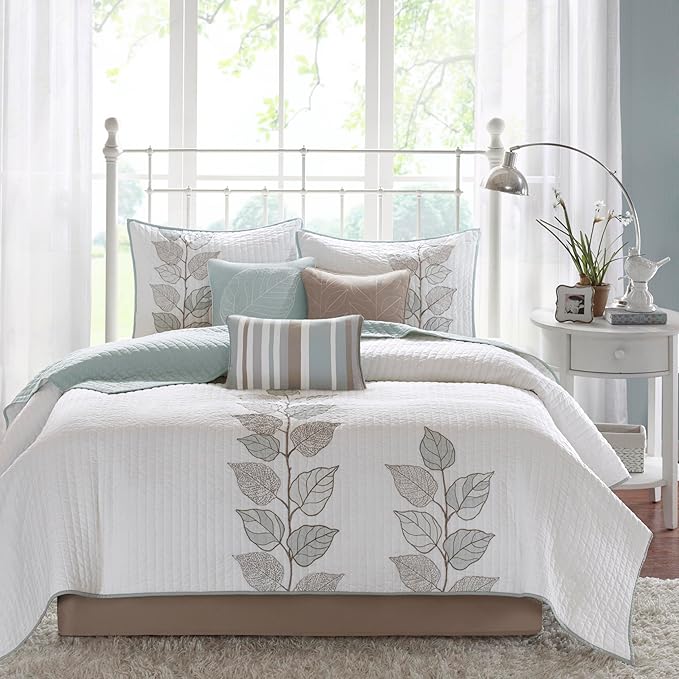 Madison Park Caelie Quilt Modern Classic Design All Season, Breathable Coverlet Lightweight Bedding Set, Matching Shams, Decorative Pillow, King/Cal King(104"x94"), Leaf Blue 6 Piece