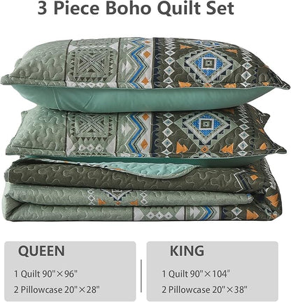 WONGS BEDDING Boho Green Quilt Set Queen,3 Piece Olive Green Fall Bedspread Coverlet Set with Geometry Printed for All Season,Lightweight Morden Bohemian Bedding Set 96"×90"