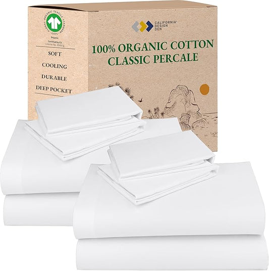 California Design Den 2-Pack Full Size Sheet Sets - 100% Organic Cotton, Crisp Percale Feel, Deep Pocket White Sheets, Lightweight Bedding Set - White