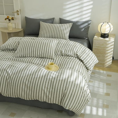 LifeTB Grey Striped Comforter Set Queen, Vintage White Grey Stripes Pattern Printed Bedding Set, Lightweight 3 Pieces Bedding Comforter with 2 Pillowcases, Farmhouse Striped Queen Comforter Set