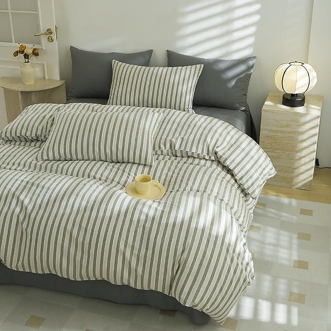 Striped Duvet Cover Set Twin XL, 100% Washed Cotton Striped Bedding Set, 3 Pieces White Grey Stripes Pattern Printed Comforter Cover, Durable Soft Breathable Duvet Cover with Zipper Closure & 4 Ties
