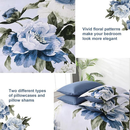 Dobuyly California King Comforter Set 7 Piece Bed in a Bag, Blue Floral Printed on Light Blue Cal King Comforter Set with Sheets, Soft Microfiber Botanical Complete Bedding Set for All Season