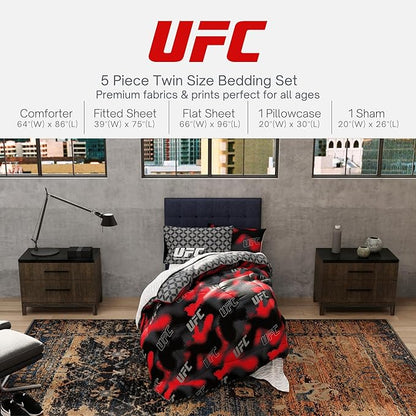 UFC Fight Night Bedding Set, Twin Size 5 Piece Set Super Soft Cozy Reversible Comforter and Sheet Set with Sham, (100% Officially Licensed Product) by Franco