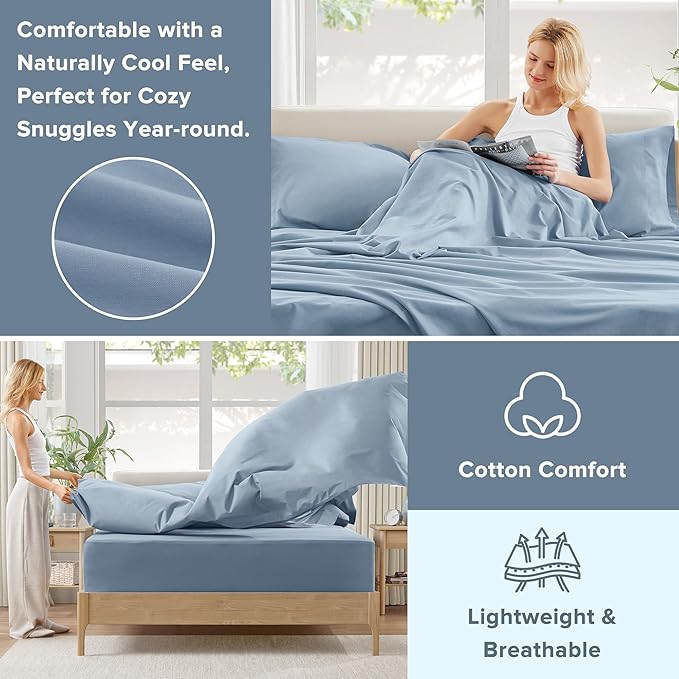 Comfort Spaces 100% Cotton Sheet Set Breathable, Lightweight, Soft with 14" Elastic Pocket Fits up to 16" Mattress, All Season Cozy Bedding, Matching Pillow Case, Full Blue 4 Piece