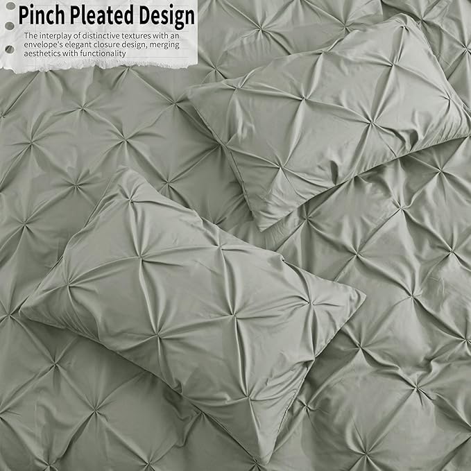 VACVELT 5 Piece Pinch Pleated Duvet Cover King Size Set, Light Gray Pintuck Duvet Cover with Zipper & 8 Ties, Shabby Chic Microfiber + 2 Pillow Shams + 2 Pillowcases, No Comforter
