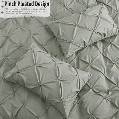 VACVELT 5 Piece Pinch Pleated Duvet Cover King Size Set, Light Gray Pintuck Duvet Cover with Zipper & 8 Ties, Shabby Chic Microfiber + 2 Pillow Shams + 2 Pillowcases, No Comforter
