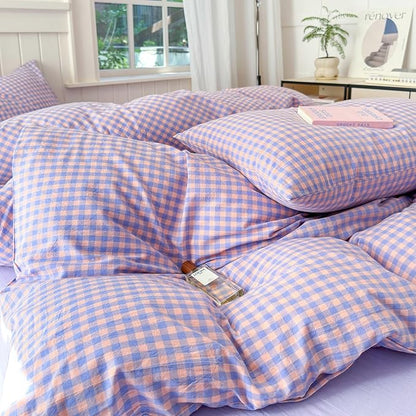 LifeTB Purple Plaid Bedding Set Full 100% Washed Cotton Purple Grid Duvet Cover with 2 Pillowcases Gingham Duvet Cover 3 Pieces Plaid Comforter Cover Breathable Grid Bedding Collection