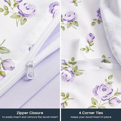 Wake In Cloud - Coquette Duvet Cover Set, Floral Cottagecore Flower Shabby Chic Cute Aesthetic, Soft Lightweight Bedding for Women Teen Girls, 3-Piece, White Purple, Twin/Twin XL Size