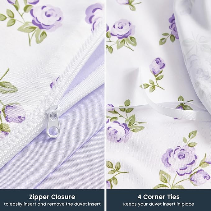 Wake In Cloud - Coquette Duvet Cover Set, Floral Cottagecore Flower Shabby Chic Cute Aesthetic, Soft Lightweight Bedding for Women Teen Girls, 3-Piece, White Purple, Full Size