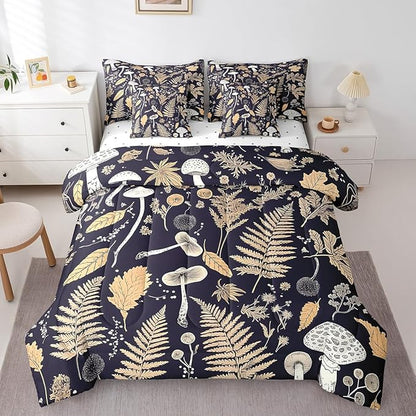 Retro Jungle Leaves Comforter Set 7 Piece,Rustic Mushroom Botanica Bed Set,Vintage Farmhouse Decor Bedding Bed in a Bag,King (1 Comforter,2 Pillowcase,2 Pillow Covers,1 Flat Sheet,1 Fitted Sheet)