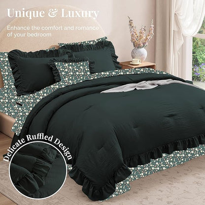 King Comforter Set - 7 Pieces Ruffle Forest Green Bedding Sets, Shabby Chic Farmhouse Bed in a Bag with Ruffle Comforter, Floral Sheets, Pillowcases & Shams