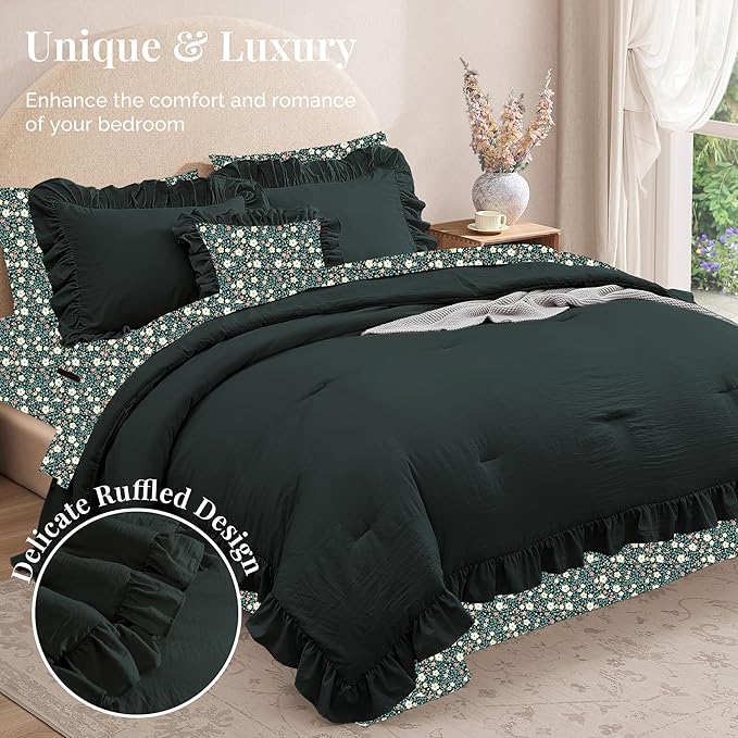 Queen Comforter Set - 7 Pieces Ruffle Forest Green Bedding Sets, Shabby Chic Farmhouse Bed in a Bag with Ruffle Comforter, Floral Sheets, Pillowcases & Shams