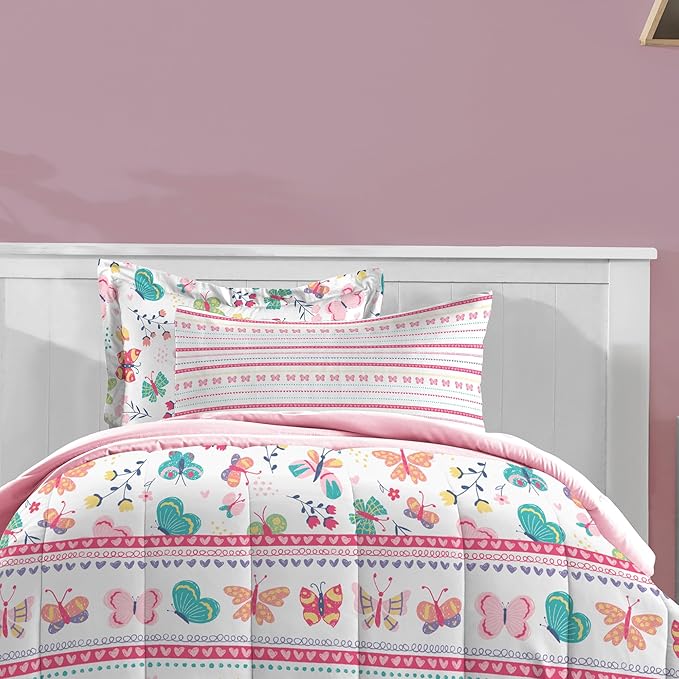 Dream Factory Kids 7-Piece Complete Bed Set Easy-Wash Super Soft Microfiber Comforter Bedding, Full, Pink Butterfly Garden