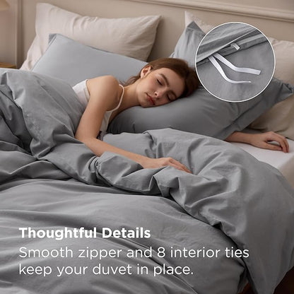 Bedsure 100% Washed Cotton Duvet Cover Queen Size - Grey Minimalist Bedding Set Linen Like - PureWoven Plain Simple & Soft Comforter Cover for All Seasons, 3 Pieces (Grey, Queen, 90"x90")