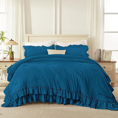 Andency Teal Twin Size Comforter Set, 2 Pieces Lightweight Fluffy Ruffle Bedding Set for Dorm, All Season Soft Farmhouse Shabby Chic Bed Set for Kids (66x90In)