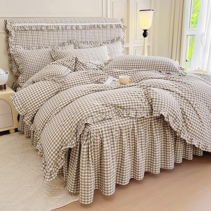 mixinni Vintage Ruffle Tan Gingham Comforter Set 3-Piece Washed Cotton Twin XL Beige Grid Bedding Set with Taupe Geometric Checkered Pattern, Farmhouse Chic Soft Fluffy Comforter for All-Season