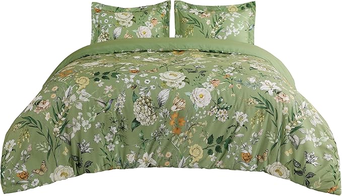 Bedsure Duvet Cover King Size - Reversible Green Floral&Bird Duvet Cover Set with Zipper Closure, 3 Pieces Mistletoe Bedding Set with 8 Corner Ties and 2 Pillow Shams 20"x36"