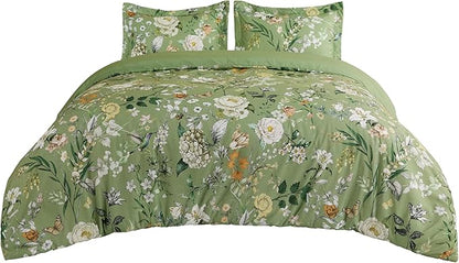 Bedsure Duvet Cover King Size - Reversible Green Floral&Bird Duvet Cover Set with Zipper Closure, 3 Pieces Mistletoe Bedding Set with 8 Corner Ties and 2 Pillow Shams 20"x36"