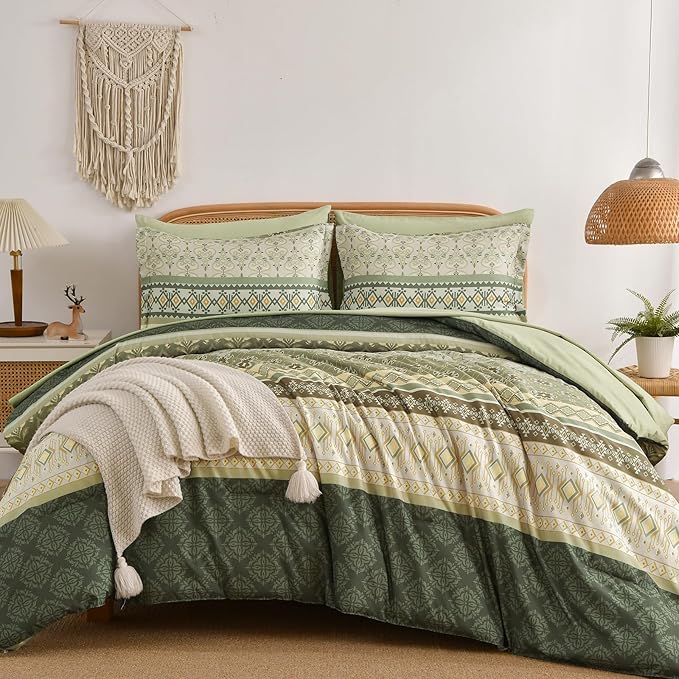 Comforter Set King Size Boho,7 Pieces Sage Green Bedding Set Bohemian Striped Bed in a Bag,Soft Microfiber Paisley Floral Comfortet and Sheet Sets for Family All Season