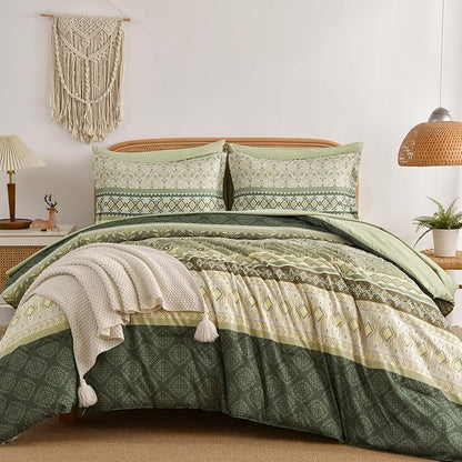 Comforter Set King Size Boho,7 Pieces Sage Green Bedding Set Bohemian Striped Bed in a Bag,Soft Microfiber Paisley Floral Comfortet and Sheet Sets for Family All Season