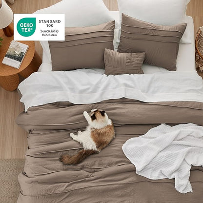 Bedsure Twin Comforter Set - 3 Pieces Pinch Pleat Bed Set, Brown Boho Bedding for All Season, 1 Soft Comforter, 1 Pillowcase, 1 Decorative Pillow