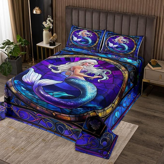 Mermaid Kids Bedspread Twin Size,Mermaid Scale Marine Ocean Animal Geometric Coverlet Set,Boys Girls Room Decor,Tale Princess Dreamy Quilted Coverlet,Purple Unique Bedding Quilt,1 Pillowcase