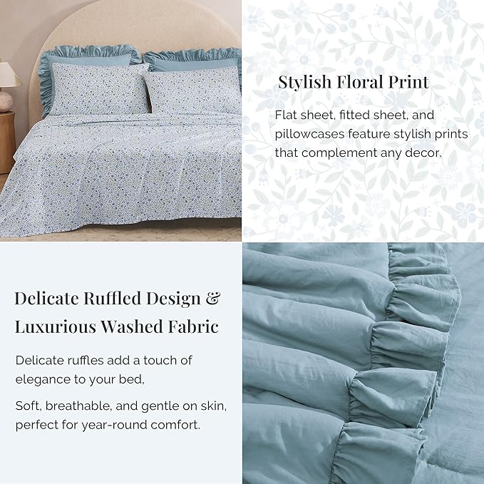 Oversized King Comforter Set - 7 Pieces Ruffle Blue Bedding Sets, Shabby Chic Farmhouse Bed in a Bag with Ruffle Comforter, Floral Sheets, Pillowcases & Shams