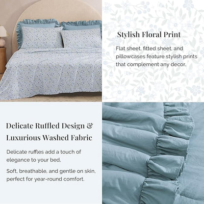 Oversized King Comforter Set - 7 Pieces Ruffle Blue Bedding Sets, Shabby Chic Farmhouse Bed in a Bag with Ruffle Comforter, Floral Sheets, Pillowcases & Shams