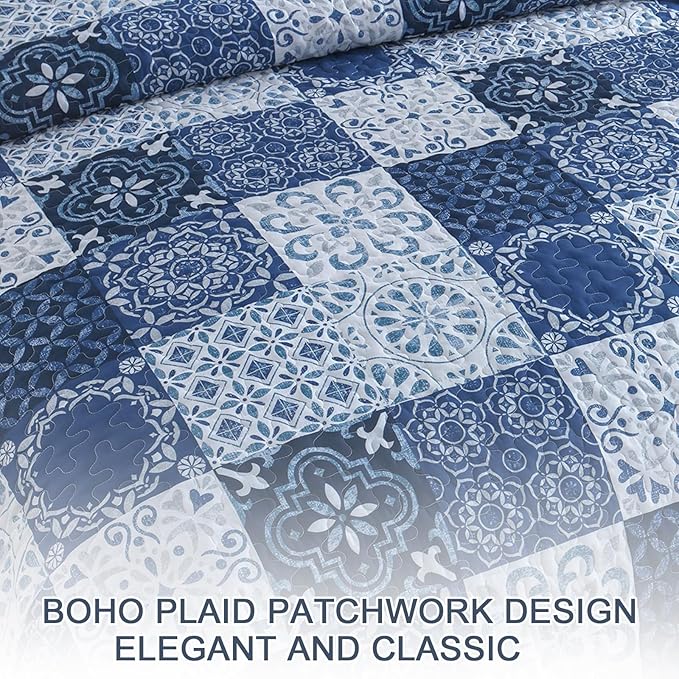 Dobuyly Boho Quilt Set Queen Size Navy Blue Plaid Patchwork Bedspread Coverlet Set, 3 Pieces Summer Quilt Bedding Set Soft Lightweight Navy Boho Farmhouse Bed Cover for All Seasons 96"x90"