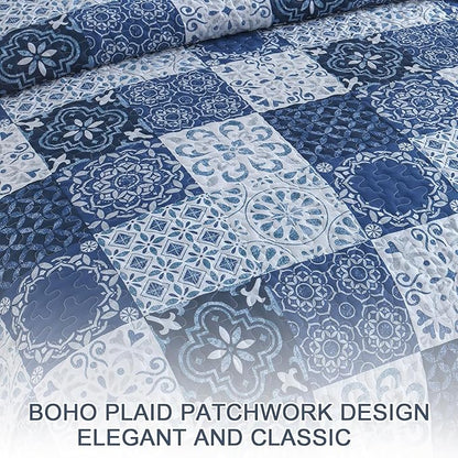Dobuyly Boho Quilt Set Queen Size Navy Blue Plaid Patchwork Bedspread Coverlet Set, 3 Pieces Summer Quilt Bedding Set Soft Lightweight Navy Boho Farmhouse Bed Cover for All Seasons 96"x90"
