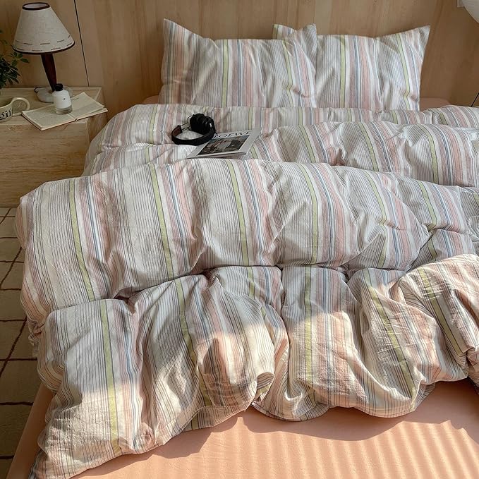 EAVD Pink Blue Yellow Striped Duvet Cover Twin Soft Washed Cotton Bedding Set 3 Pieces Pinstriped Bedding Set with 2 Pillowcases Reversible Farmhouse Geometric Pattern Duvet Cover with Zipper