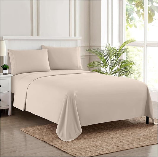 RV Queen Bed Sheets - Breathable Luxury Sheets with Full Elastic & Secure Corner Straps Built In - 1800 Supreme Collection Extra Soft Deep Pocket Bedding Set, Sheet Set, RV Short Queen, Beige