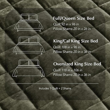 RECYCO Luxury Velvet Quilt Set, California King 118'' x 106'' Oversized Bedspread, Ultra Soft Velvet Comforter, Lightweight Box Stitch Bedding Sets for All Season, with 2 Shams, Olive Green