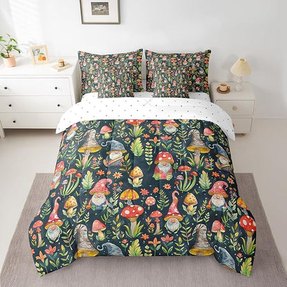 Mushroom Gnome Comforter Set Bed in a Bag 7 Pieces Full,Botanical Leaves Bedding Set for Girls Teens Kids,Colorful Mushroom Plants (Comforter+Fitted+Flat Sheet+2 Pillowcases+2 Throw Pillow Covers)