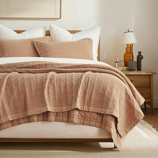EVERGRACEHOME Stonewashed Cotton Quilt Set King Size, Ultra Soft Oversized Bedspread Coverlet Set, Lightweight Crinkle Box Stitch Bedding Sets for All Season, with 2 Shams, Terracotta